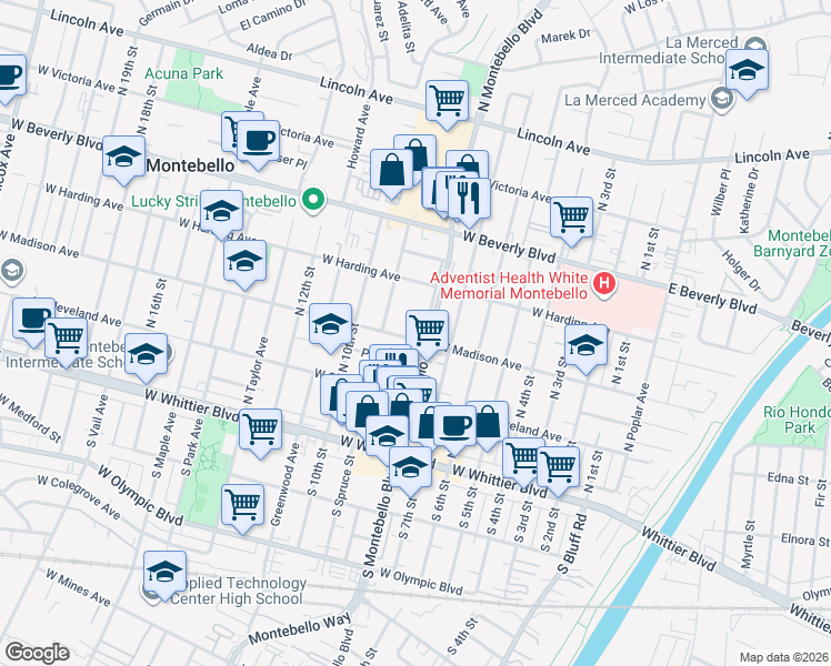 map of restaurants, bars, coffee shops, grocery stores, and more near 804 West Madison Avenue in Montebello