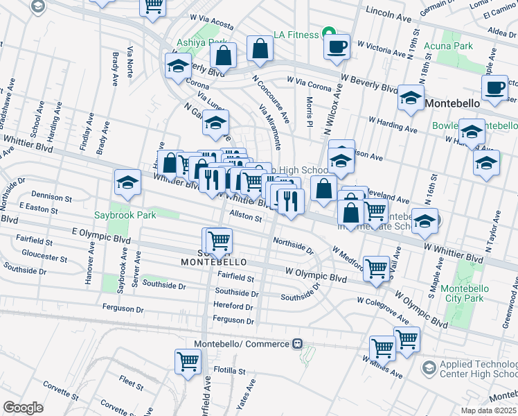 map of restaurants, bars, coffee shops, grocery stores, and more near 2425 West Whittier Boulevard in Montebello