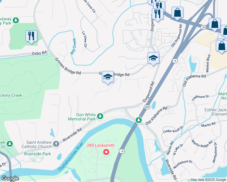 map of restaurants, bars, coffee shops, grocery stores, and more near 500 River Bluff Parkway in Roswell
