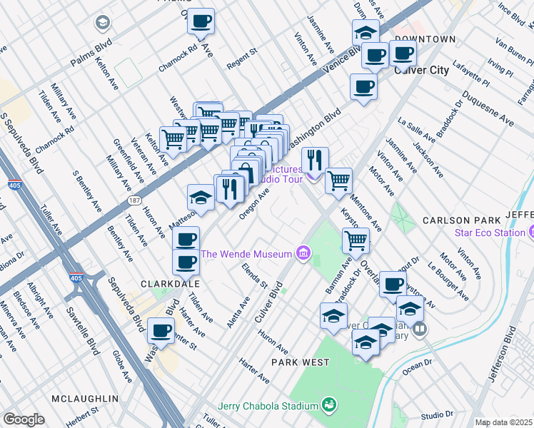 map of restaurants, bars, coffee shops, grocery stores, and more near 3949 Lamarr Avenue in Culver City