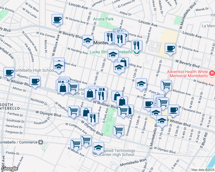 map of restaurants, bars, coffee shops, grocery stores, and more near 209 North Maple Avenue in Montebello