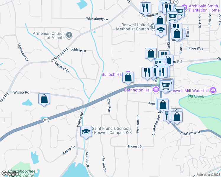 map of restaurants, bars, coffee shops, grocery stores, and more near 249 Marietta Highway in Roswell