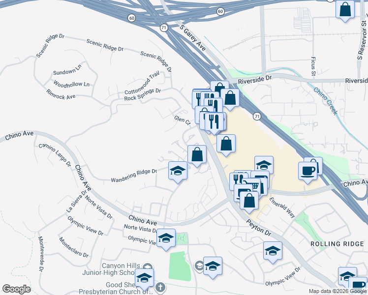 map of restaurants, bars, coffee shops, grocery stores, and more near 2682 Lookout Circle in Chino Hills