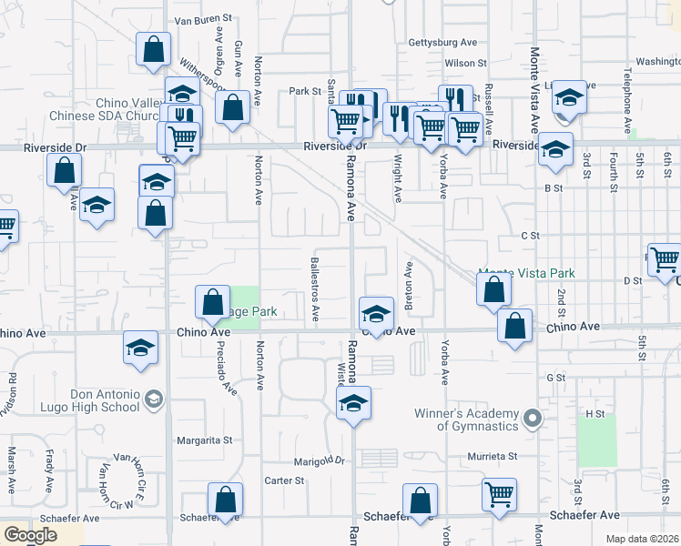 map of restaurants, bars, coffee shops, grocery stores, and more near 4473 Juanita Court in Chino