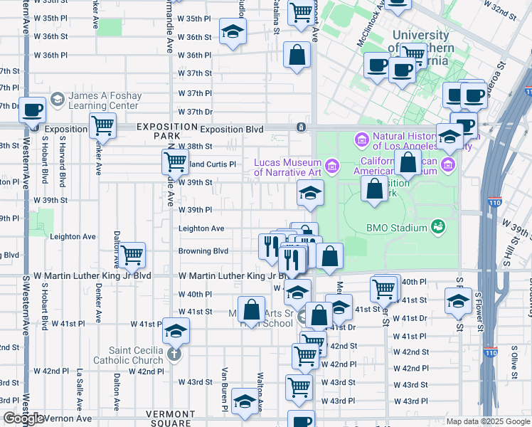 map of restaurants, bars, coffee shops, grocery stores, and more near 1092 West 39th Place in Los Angeles