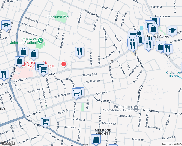 map of restaurants, bars, coffee shops, grocery stores, and more near 2829 Stratford Road in Columbia