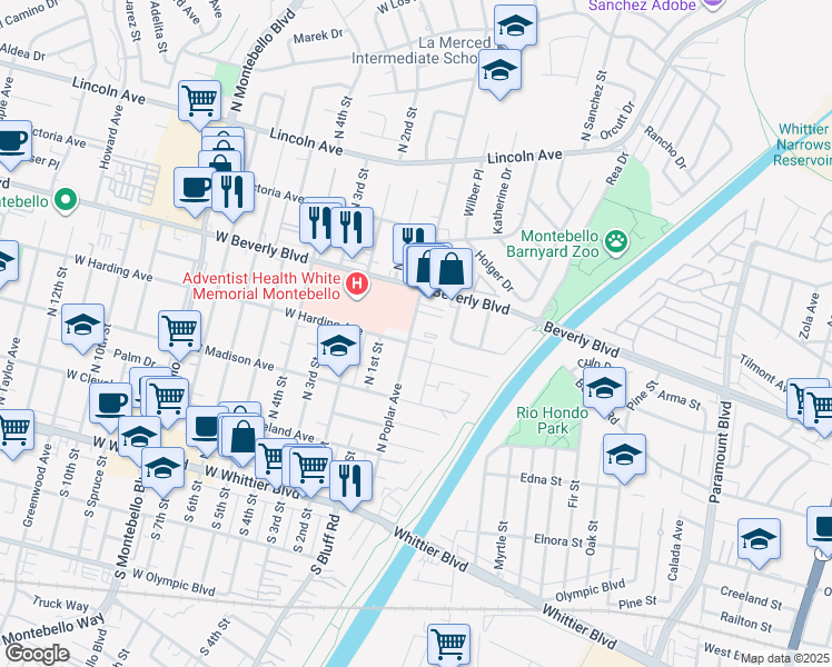 map of restaurants, bars, coffee shops, grocery stores, and more near 408 North Poplar Avenue in Montebello