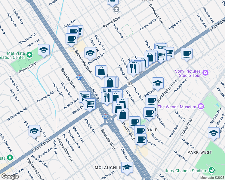 map of restaurants, bars, coffee shops, grocery stores, and more near 3771 South Bentley Avenue in Los Angeles