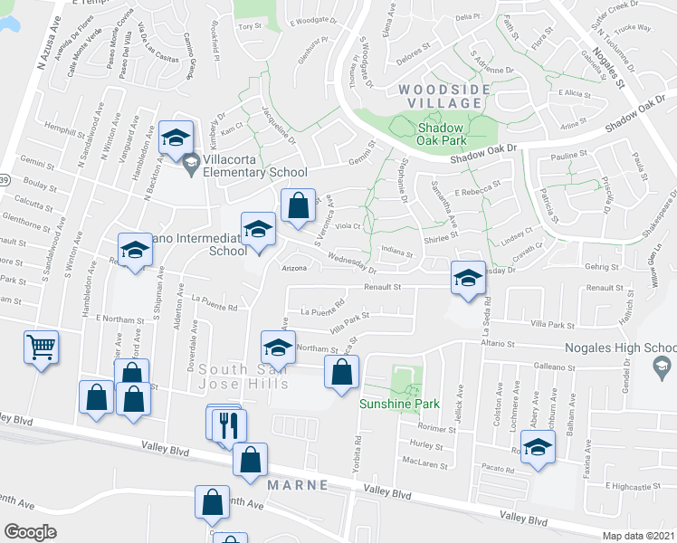 map of restaurants, bars, coffee shops, grocery stores, and more near 1916 Hawaii Street in West Covina