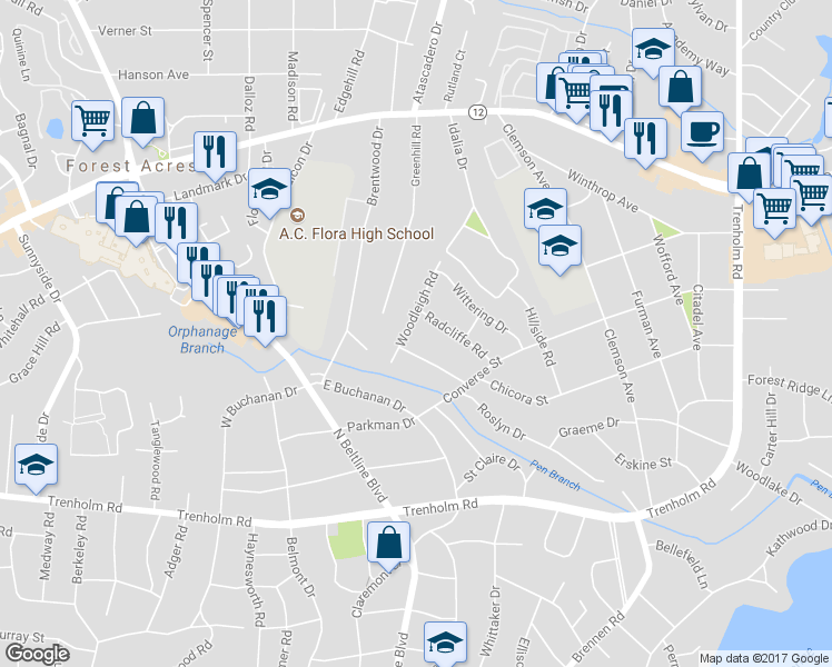 map of restaurants, bars, coffee shops, grocery stores, and more near 4210 Woodleigh Road in Columbia