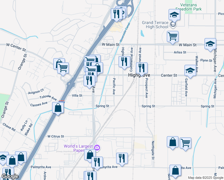 map of restaurants, bars, coffee shops, grocery stores, and more near 411 Pacific Avenue in Riverside