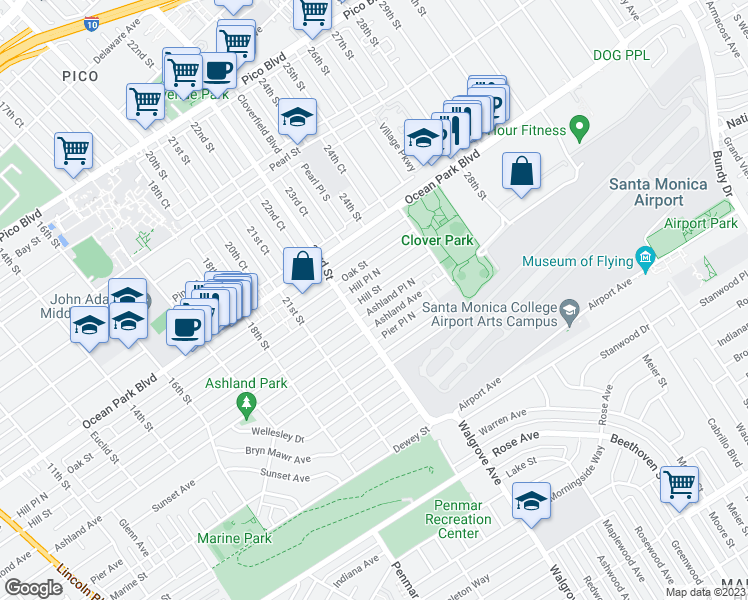 map of restaurants, bars, coffee shops, grocery stores, and more near 2328 Hill Street in Santa Monica