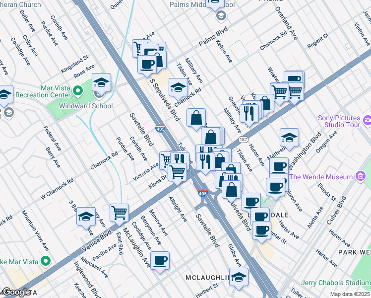 map of restaurants, bars, coffee shops, grocery stores, and more near 3720 Tuller Avenue in Los Angeles