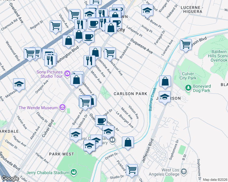 map of restaurants, bars, coffee shops, grocery stores, and more near 4259 Vinton Avenue in Culver City