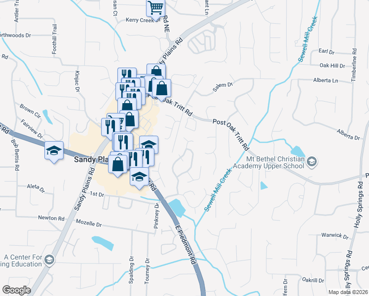 map of restaurants, bars, coffee shops, grocery stores, and more near 2537 Waterstone Way in Marietta