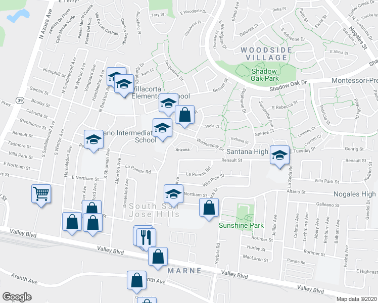 map of restaurants, bars, coffee shops, grocery stores, and more near 1846 Arizona in West Covina