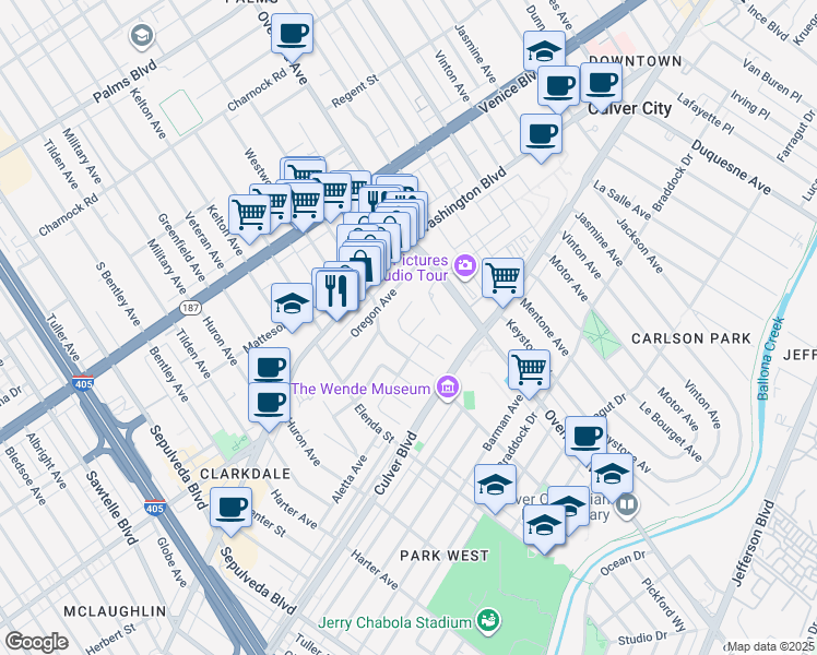 map of restaurants, bars, coffee shops, grocery stores, and more near 3964 Lamarr Avenue in Culver City