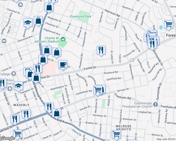 map of restaurants, bars, coffee shops, grocery stores, and more near 2640 Forest Drive in Columbia