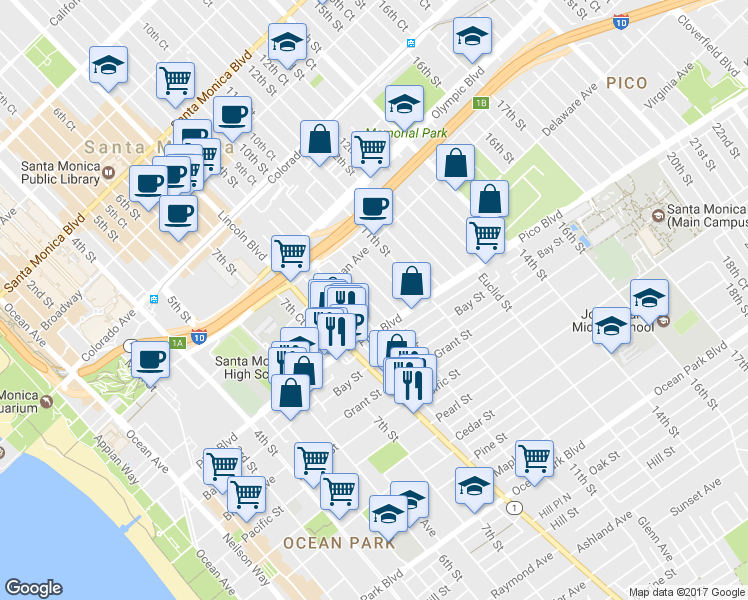 map of restaurants, bars, coffee shops, grocery stores, and more near 1854 10th Street in Santa Monica