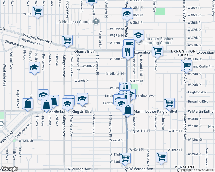 map of restaurants, bars, coffee shops, grocery stores, and more near 1719 West 39th Place in Los Angeles