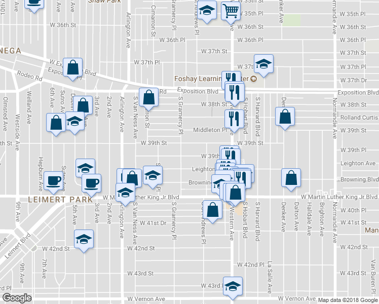map of restaurants, bars, coffee shops, grocery stores, and more near 1743 West 39th Place in Los Angeles