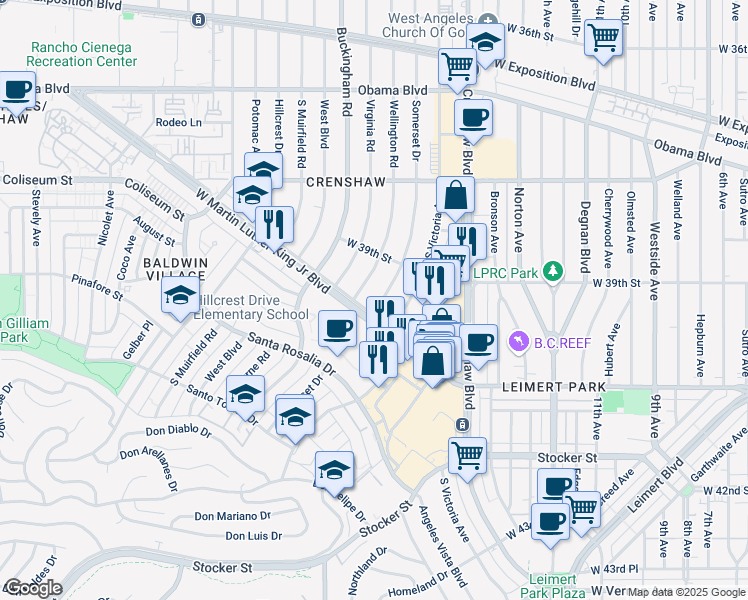 map of restaurants, bars, coffee shops, grocery stores, and more near 3952 Wellington Road in Los Angeles