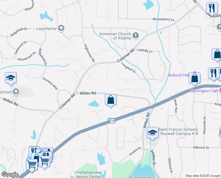 map of restaurants, bars, coffee shops, grocery stores, and more near 505 Huntwick Place in Roswell
