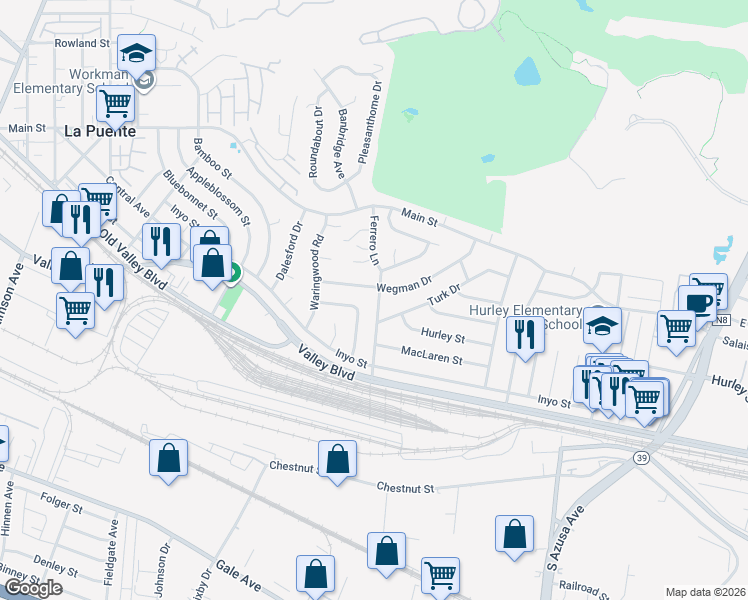 map of restaurants, bars, coffee shops, grocery stores, and more near 567 Ferrero Lane in La Puente