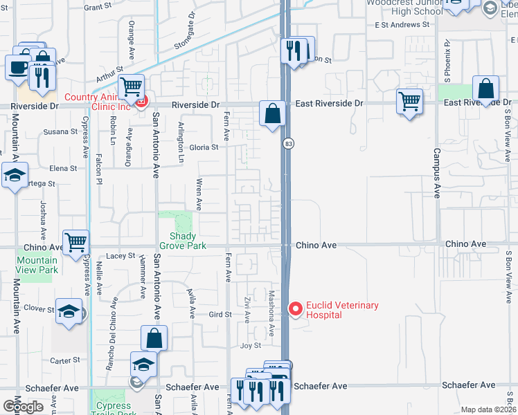 map of restaurants, bars, coffee shops, grocery stores, and more near 13188 Stellar Avenue in Chino