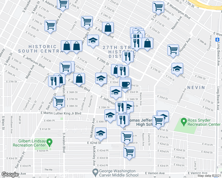 map of restaurants, bars, coffee shops, grocery stores, and more near 985 East 33rd Street in Los Angeles
