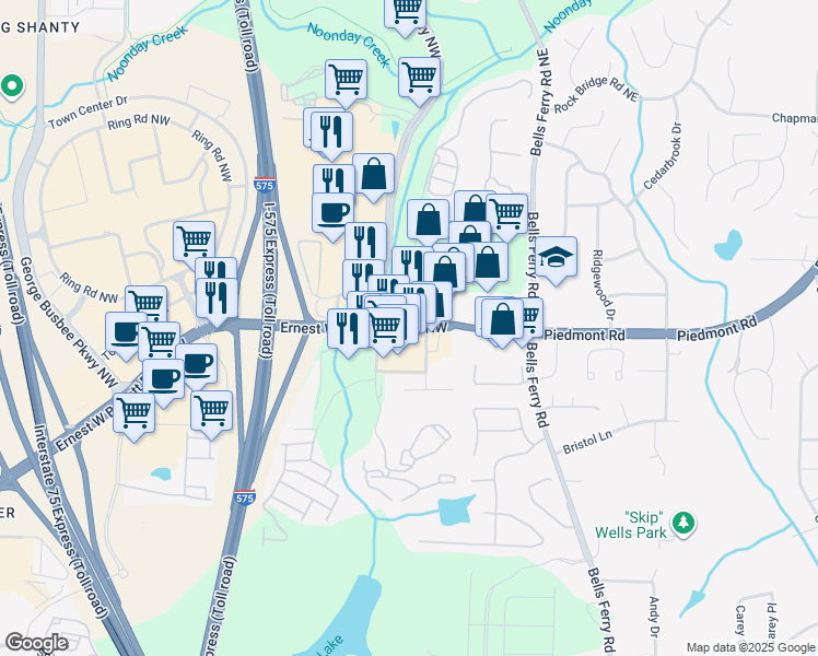 map of restaurants, bars, coffee shops, grocery stores, and more near 127 Ernest W Barrett Parkway Northwest in Marietta