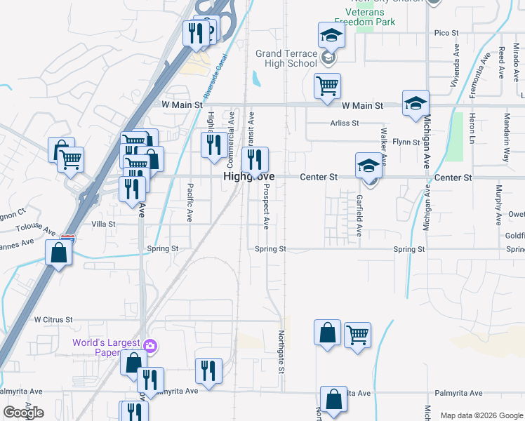map of restaurants, bars, coffee shops, grocery stores, and more near 419 Prospect Avenue in Riverside
