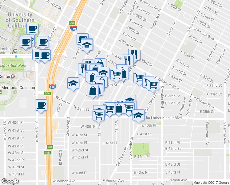 map of restaurants, bars, coffee shops, grocery stores, and more near 3737 Maple Avenue in Los Angeles