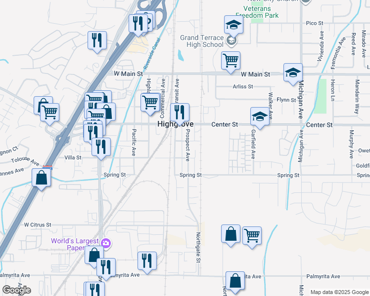 map of restaurants, bars, coffee shops, grocery stores, and more near 419 Prospect Avenue in Riverside