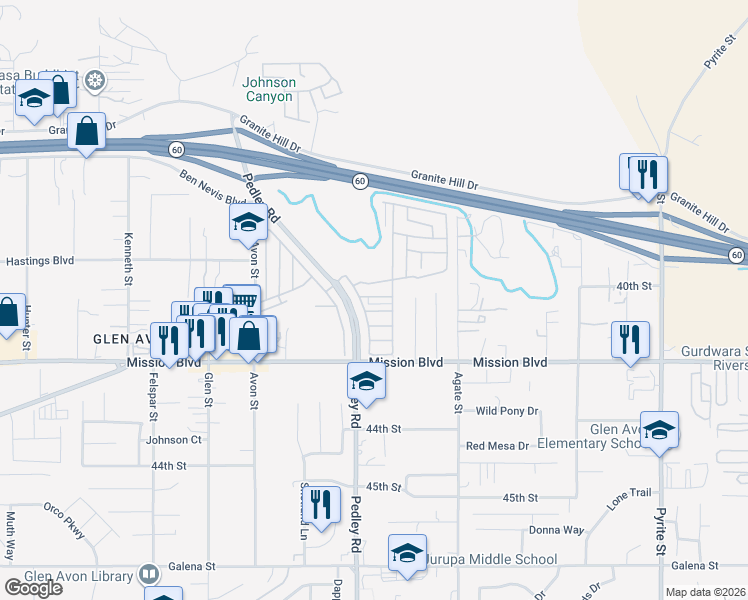 map of restaurants, bars, coffee shops, grocery stores, and more near Francine Avenue in Riverside