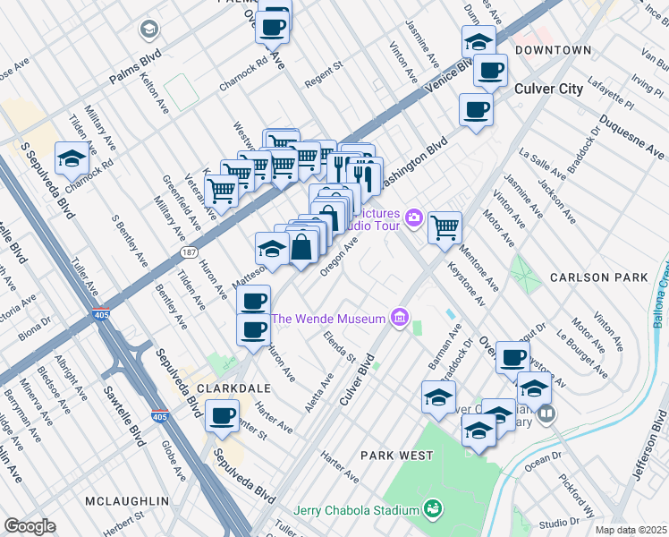 map of restaurants, bars, coffee shops, grocery stores, and more near 10822 Oregon Avenue in Culver City