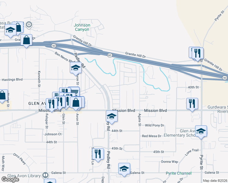 map of restaurants, bars, coffee shops, grocery stores, and more near 4080 Pedley Road in Riverside