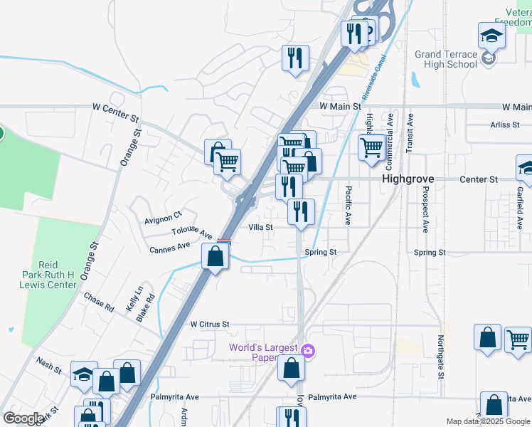 map of restaurants, bars, coffee shops, grocery stores, and more near 421 Devener Street in Riverside