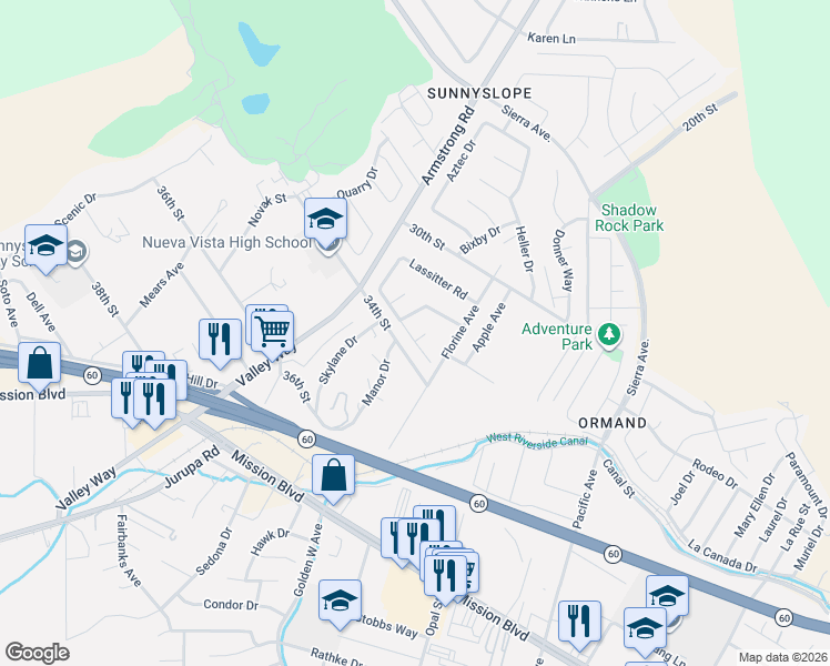 map of restaurants, bars, coffee shops, grocery stores, and more near 3317 Felisa Court in Riverside