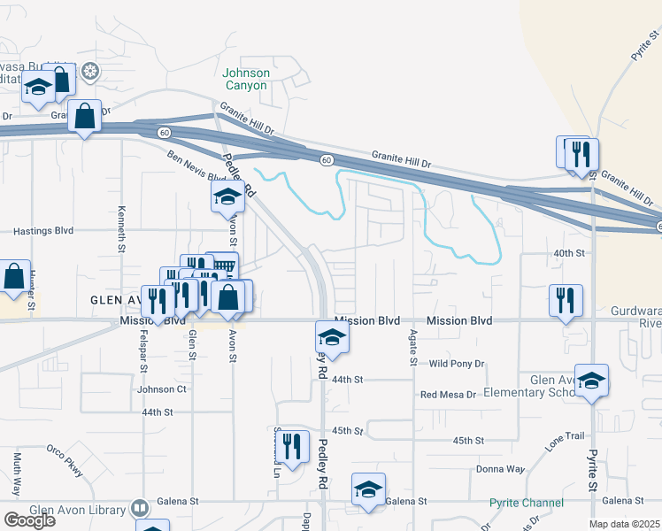 map of restaurants, bars, coffee shops, grocery stores, and more near 4041 Pedley Road in Riverside