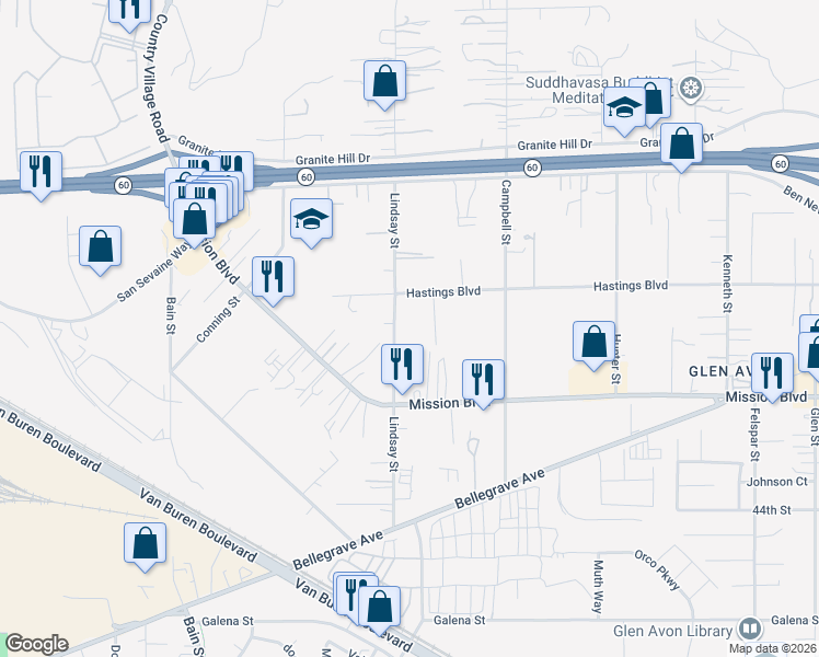 map of restaurants, bars, coffee shops, grocery stores, and more near 4052 Lindsay Street in Riverside