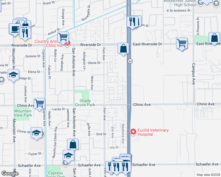 map of restaurants, bars, coffee shops, grocery stores, and more near 13192 Murano Avenue in Chino