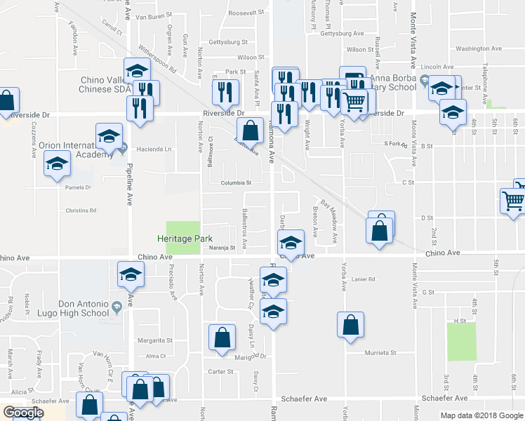 map of restaurants, bars, coffee shops, grocery stores, and more near 4425 Juanita Court in Chino