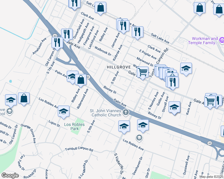 map of restaurants, bars, coffee shops, grocery stores, and more near 15009 Binney Street in Hacienda Heights