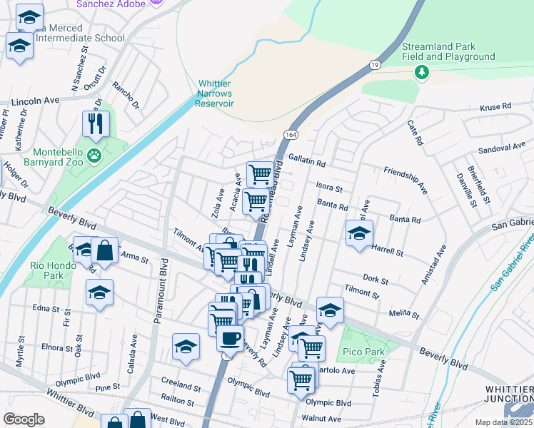 map of restaurants, bars, coffee shops, grocery stores, and more near 4137 Rosemead Boulevard in Pico Rivera
