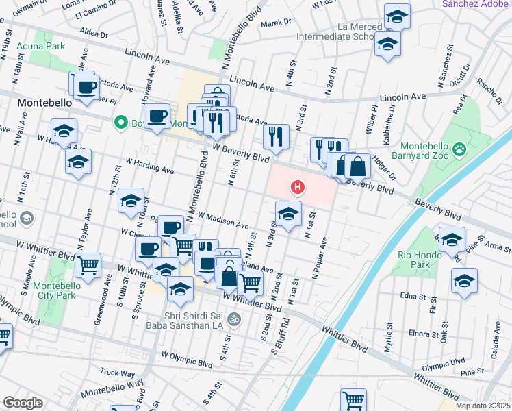 map of restaurants, bars, coffee shops, grocery stores, and more near 335 North 4th Street in Montebello