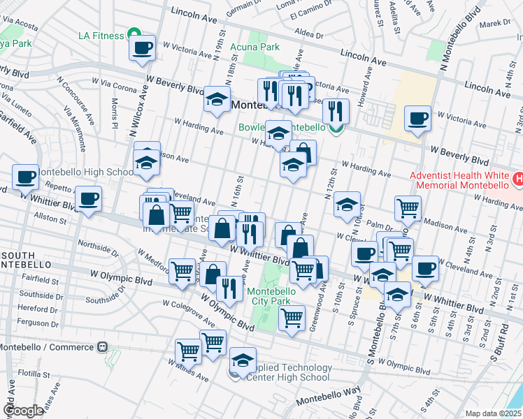 map of restaurants, bars, coffee shops, grocery stores, and more near 209 North Maple Avenue in Montebello