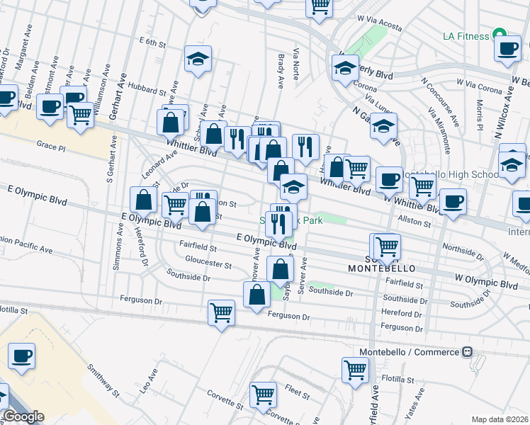 map of restaurants, bars, coffee shops, grocery stores, and more near 1013 Hanover Avenue in East Los Angeles