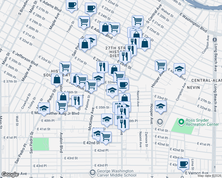 map of restaurants, bars, coffee shops, grocery stores, and more near 985 East 33rd Street in Los Angeles