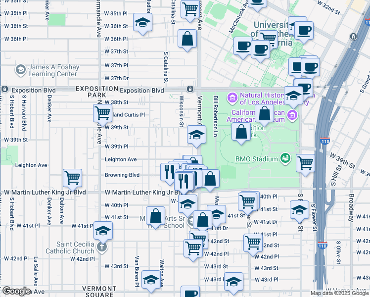 map of restaurants, bars, coffee shops, grocery stores, and more near 1048 1/4 West 39th Place in Los Angeles